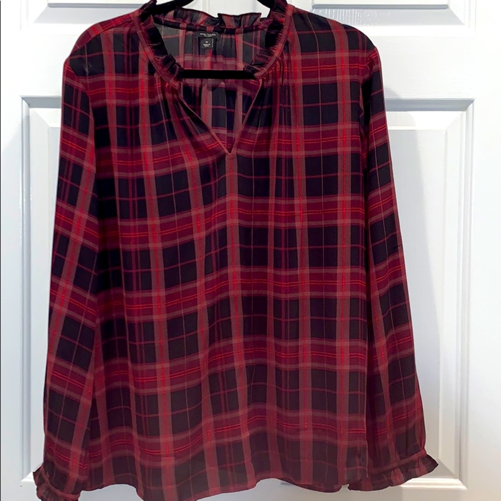 Ann Taylor Factory Red-black plaid V-neck blouse
